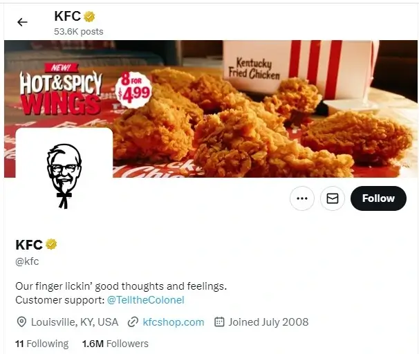 KFC's Twitter Bio